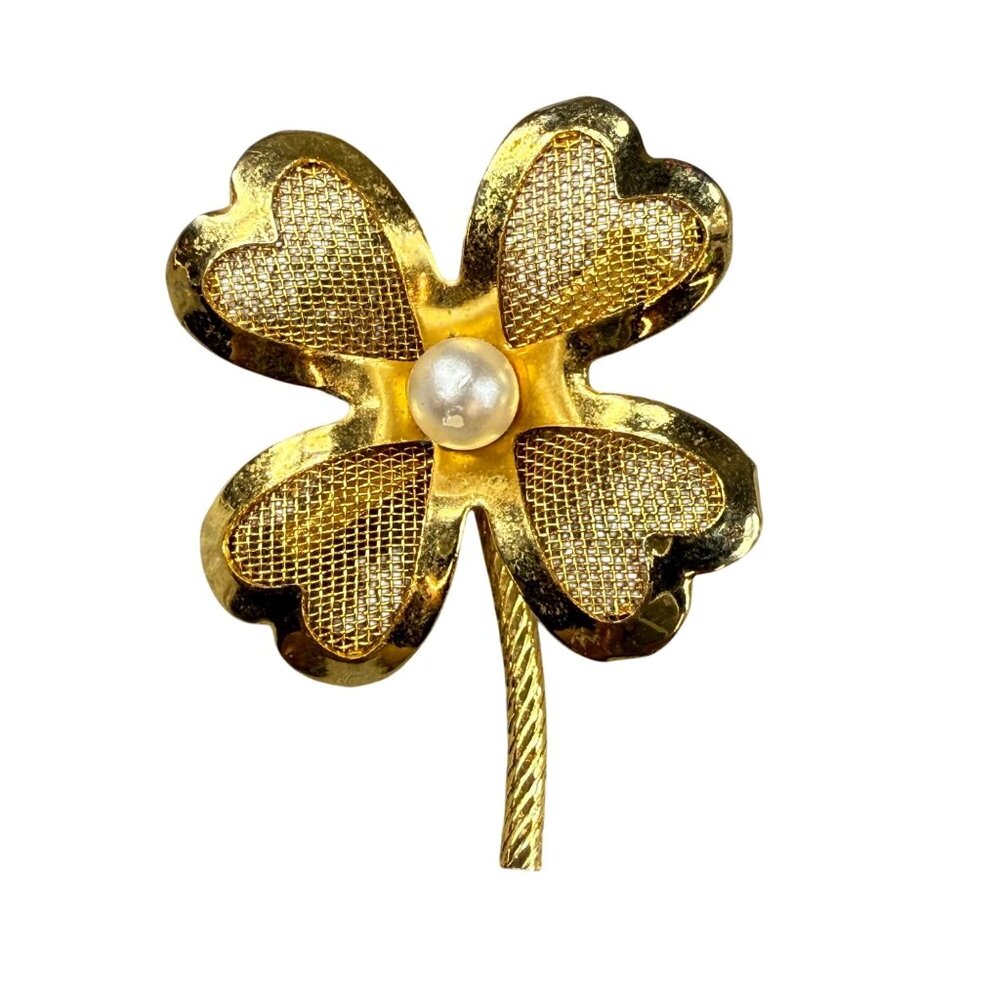 Gold-Tone Four-Leaf Clover Brooch Faux Pearl Center Vintage Women Heart Petals